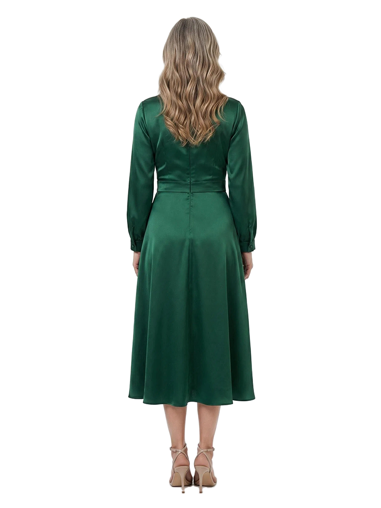 ChicSew V-Neck Long Sleeve Satin A-Line Tea Length Mother of the Bride Dress