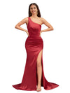 Elegant One Shoulder Mermaid Side Slit Soft Satin Long Wedding Bridesmaid Dresses