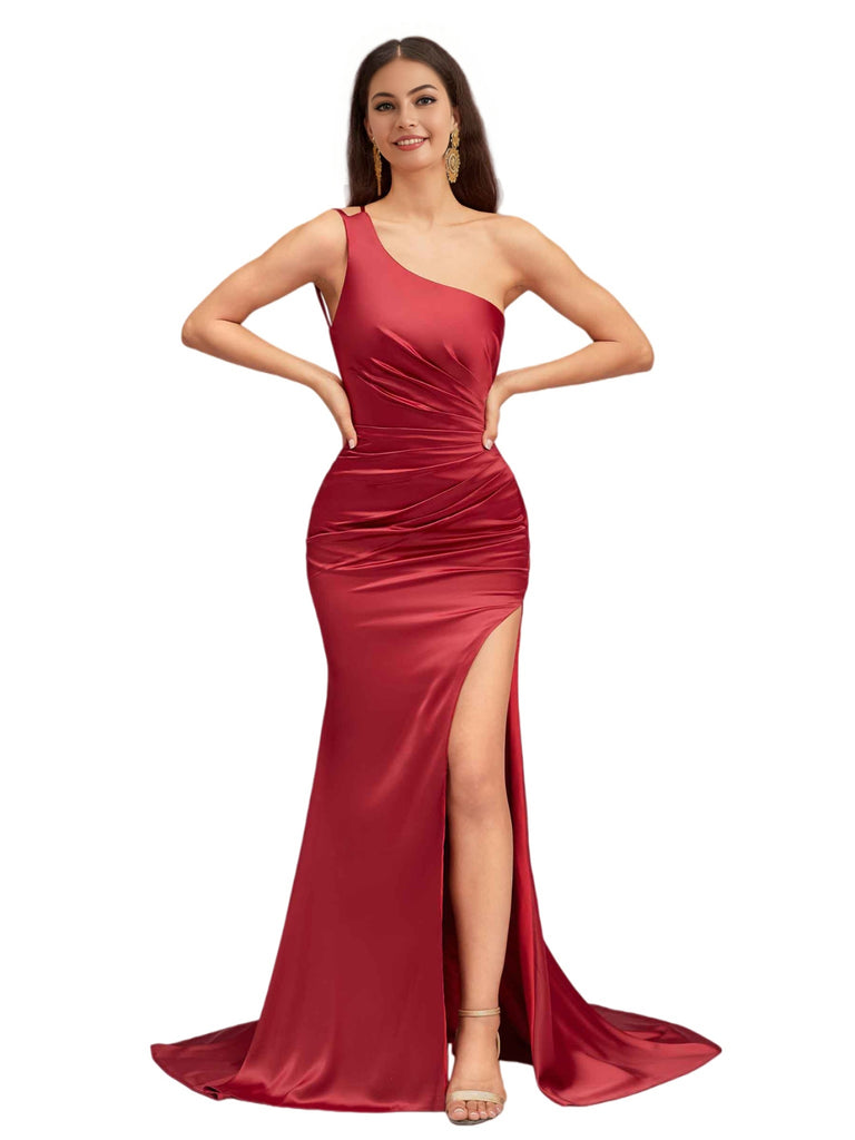 Elegant One Shoulder Mermaid Side Slit Soft Satin Long Wedding Bridesmaid Dresses