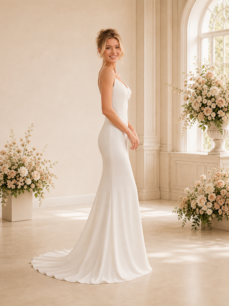 ChicSew Sexy Cowl Neck Spaghetti Straps Ruched Satin Mermaid Floor-Length Wedding Dresses