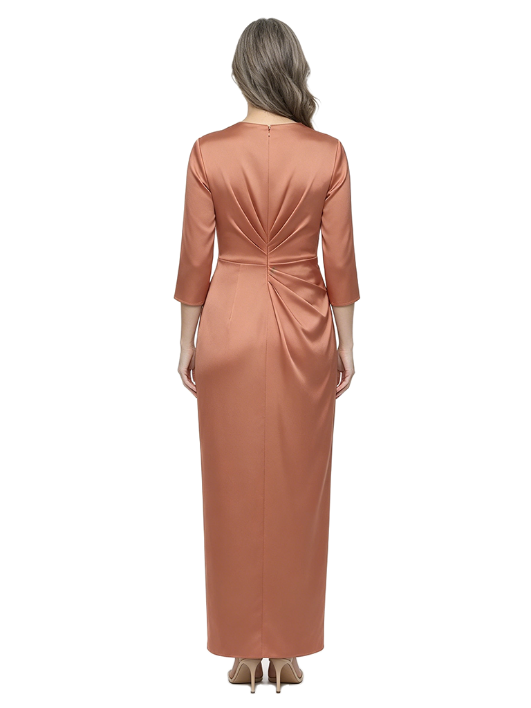 ChicSew Fancy V-Neck 3/4 Sleeves Ruched Silky Satin Sheath Mother Of The Groom Evening Gowns