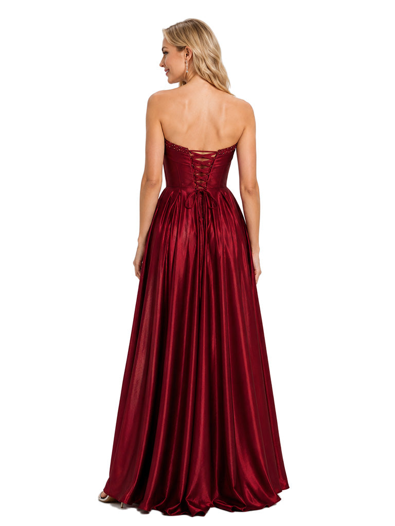 ChicSew Fancy Strapless Beaded Side Slit A-Line Floor-Length Satin Elegant Wedding Bridesmaid Dresses With Pleats