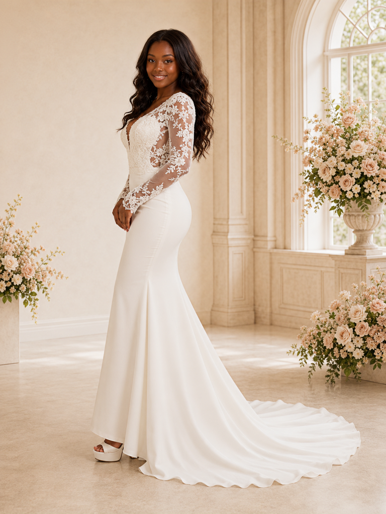 ChicSew Elegant A-Line V-Neck Long Sleeves Satin Mermaid Maxi Wedding Dress