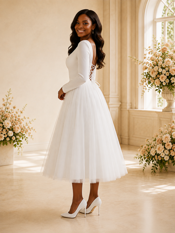 ChicSew Elegant Illusion Long Sleeves Crepe Tulle Tea-Length Wedding Dress