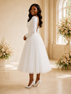ChicSew Elegant Illusion Long Sleeves Crepe Tulle Tea-Length Wedding Dress
