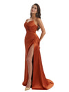 Elegant Sweetheart Side Split Mermaid Ruched Satin Pretty Long Bridesmaid Dresses