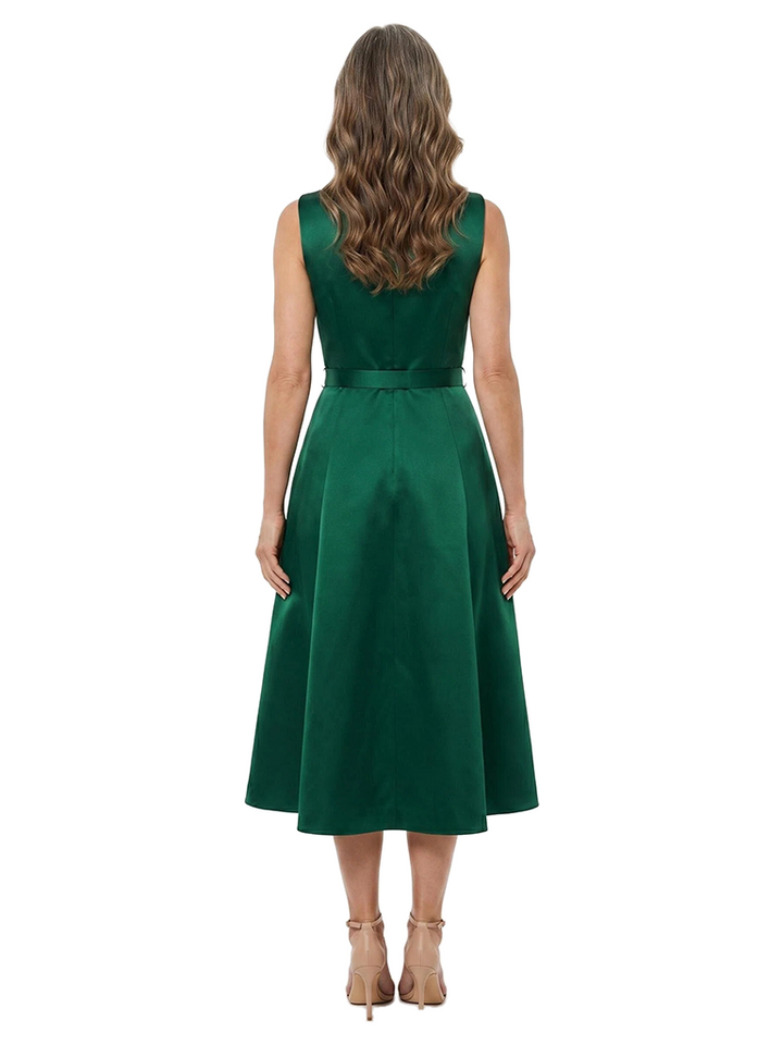 ChicSew V-Neck Sleeveless Belted Satin Tea Length A-Line Mother of the Bride Dress