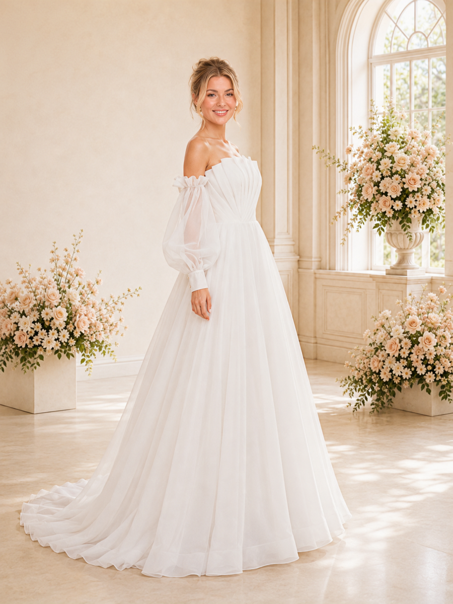ChicSew Unique Ruching Strapless 3/4 Sleeves A-Line Floor-Length Wedding Dresses