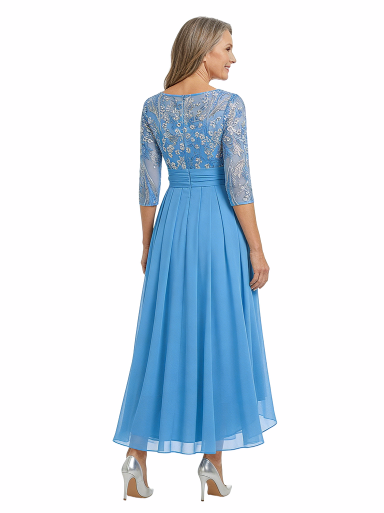 ChicSew Long Sleeve Embroidered Lace Belted Bow High Low Chiffon Mother Of The Bride And Groom Dresses
