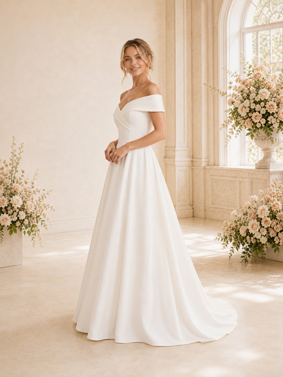 ChicSew Elegant Off Shoulder V-Neck Crepe A-Line Long Wedding Dresses Online
