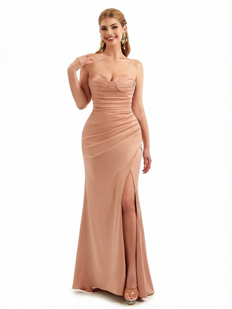 Sexy Sweetheart Ruched Mermaid Silky Satin Maxi Formal Dresses Side Slit