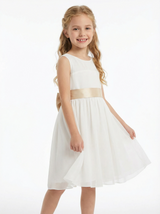Sleeveless A Line Flower Girl Dress with Satin Waistband Soft Tulle Knee Length Skirt