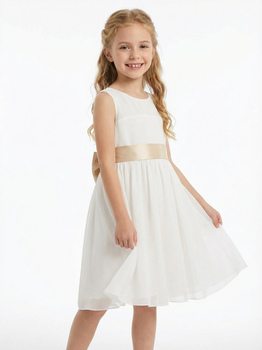 Sleeveless A Line Flower Girl Dress with Satin Waistband Soft Tulle Knee Length Skirt