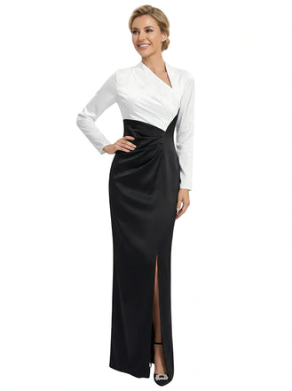 Elegant Black And White Satin Long Sleeves Asymmetrical Mermaid Long Mother Of The Bride Dresses