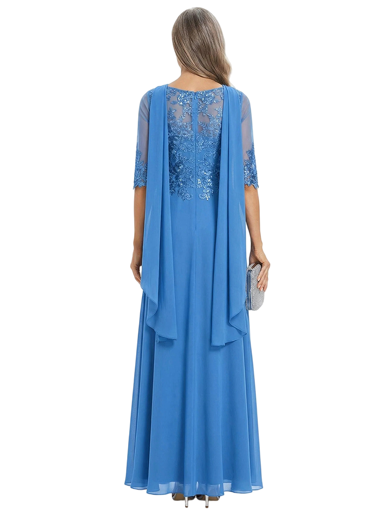 ChicSew Cowl Neck Half Sleeve Lace Applique Beaded Bodice Floor Length Chiffon Elegant Mother of the Bride Dresses