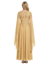 ChicSew V-Neck Cape Sleeve Beaded Lace Long Chiffon Elegant Mother of the Bride Dresses Slit
