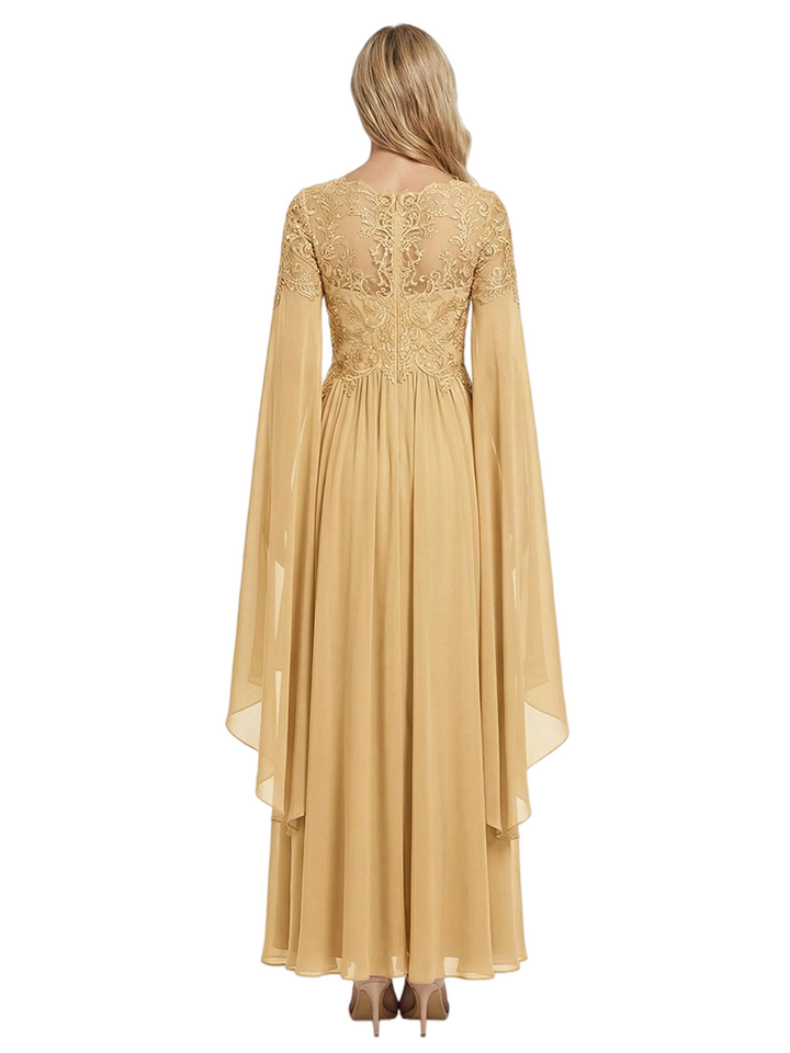 ChicSew V-Neck Cape Sleeve Beaded Lace Long Chiffon Elegant Mother of the Bride Dresses Slit