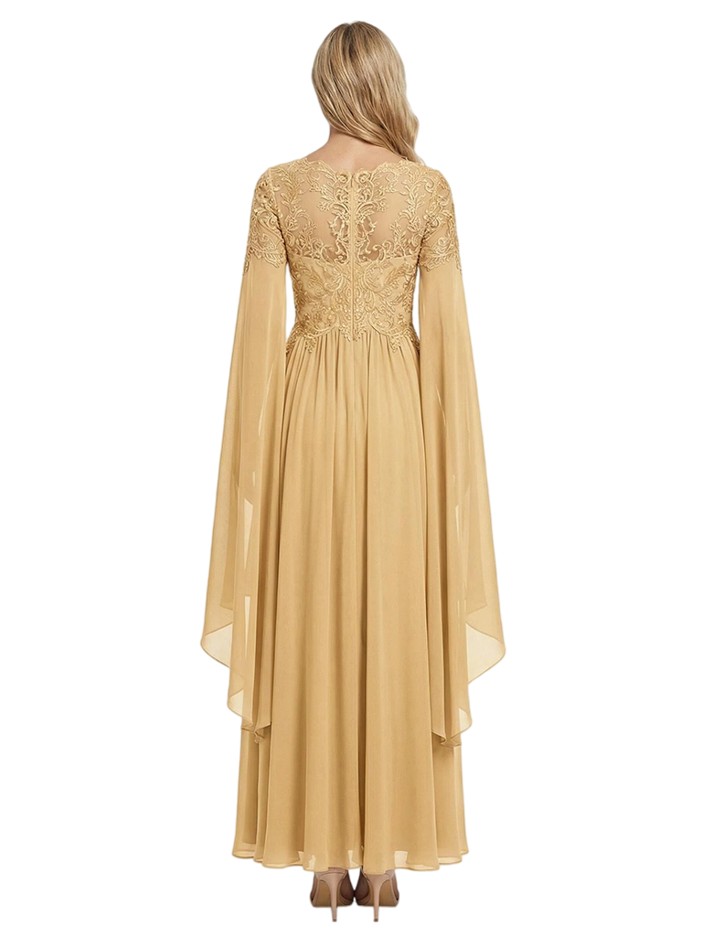 ChicSew V-Neck Cape Sleeve Beaded Lace Long Chiffon Elegant Mother of the Bride Dresses Slit