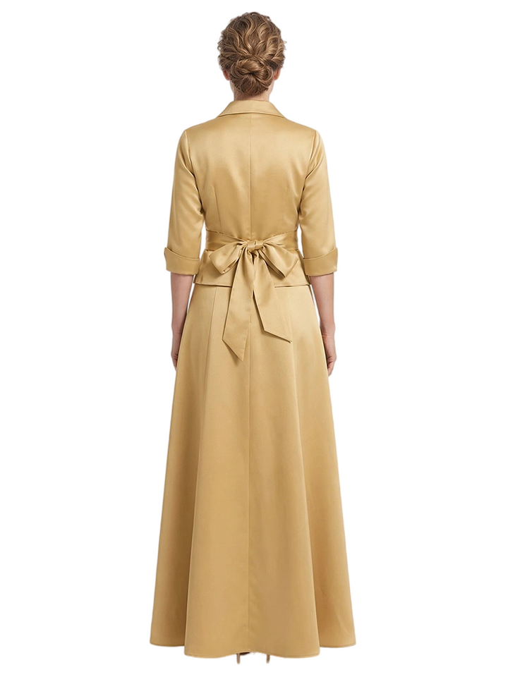 ChicSew V-Neck 3/4 Sleeve Satin Belted Bow Detail Floor Length Satin Modern Mother Of The Bride And Groom Dresses