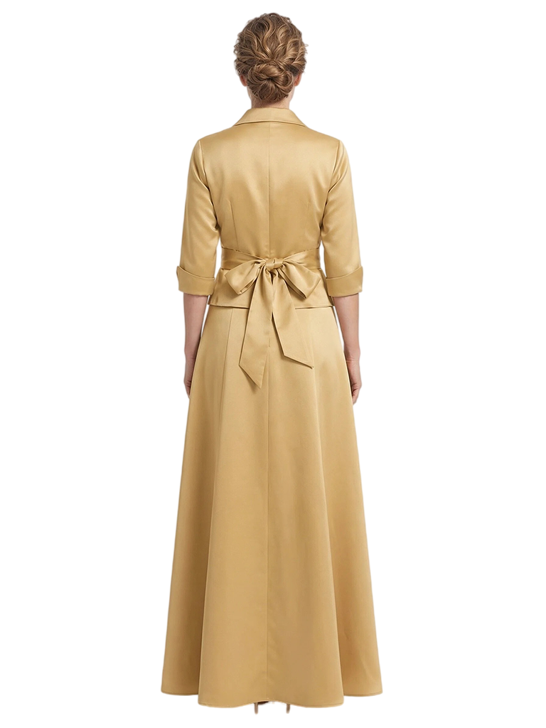 ChicSew V-Neck 3/4 Sleeve Satin Belted Bow Detail Floor Length Satin Modern Mother Of The Bride And Groom Dresses