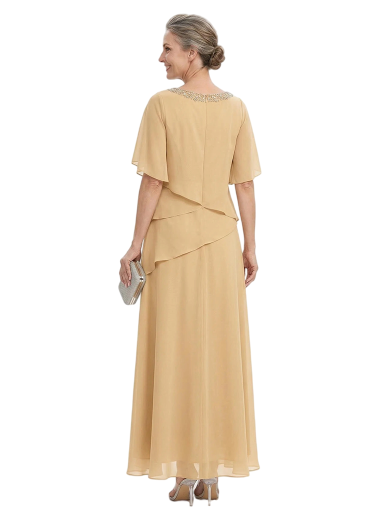ChicSew Scoop Flutter Sleeve Beaded Neckline Layered Ruffle Long Chiffon Elegant Mother of the Bride Dresses