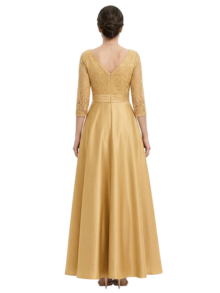 ChicSew V-Neck Long Sleeve Lace Long Satin Trendy Mother Of The Bride And Groom Dresses