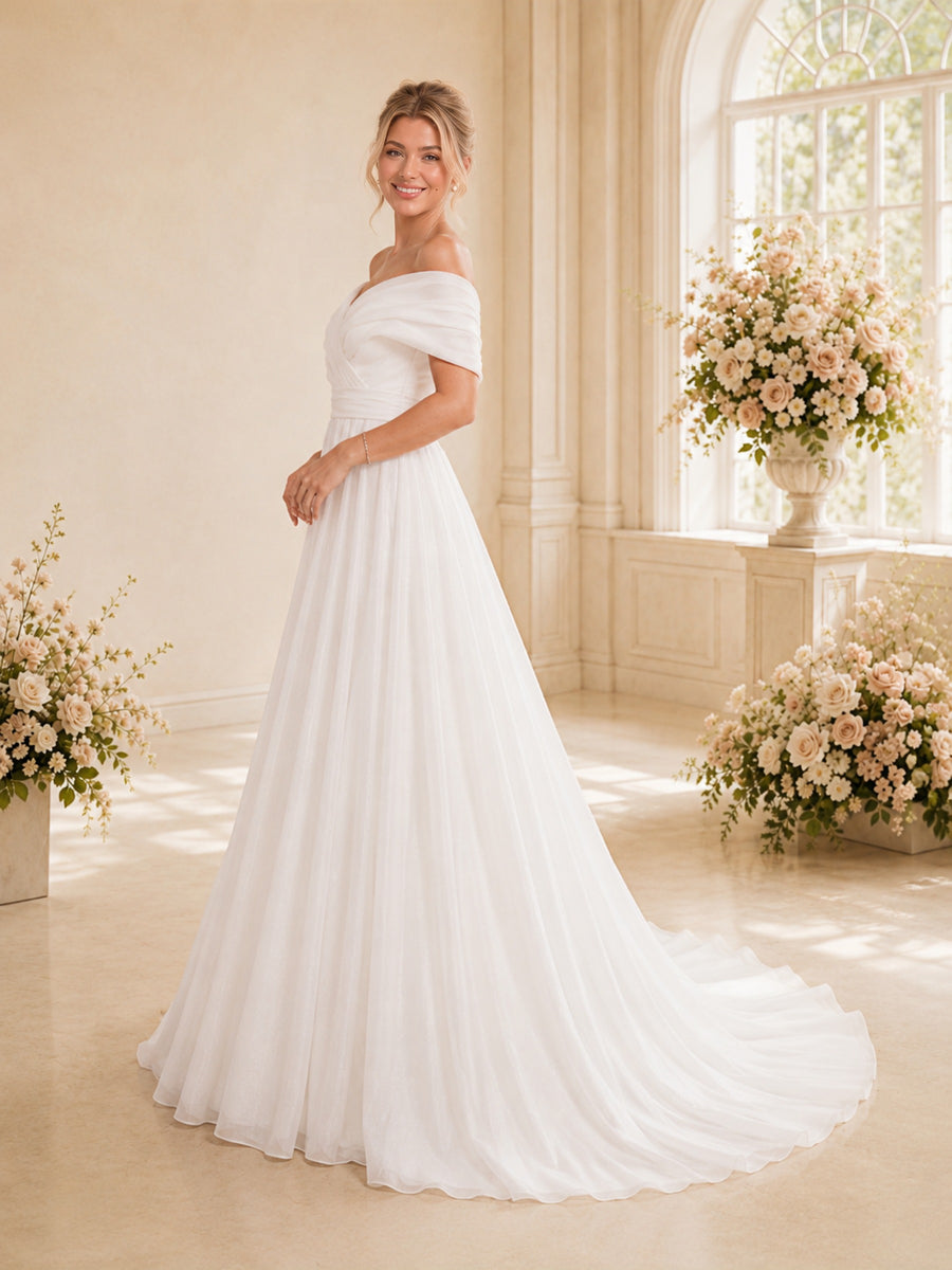 ChicSew Elegant Off The Shoulder Ruching Sleeveless Tulle A-Line Long Wedding Dress