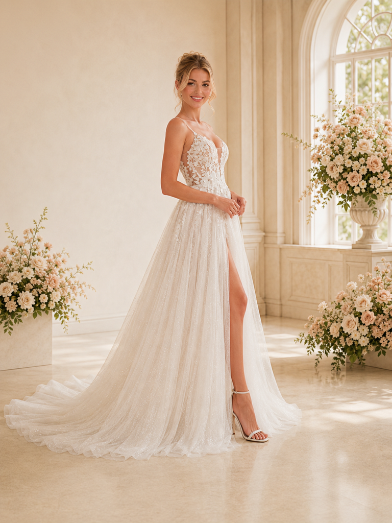 ChicSew Glam Spaghetti Straps A-Line Sleeveless Lace Glitter Tulle Long Wedding Dresses