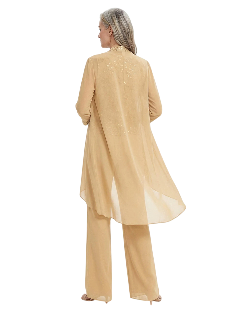 ChicSew Jewel Long Sleeve Chiffon Jacket Lace Bodice Pantsuits For Mother Of The Bride