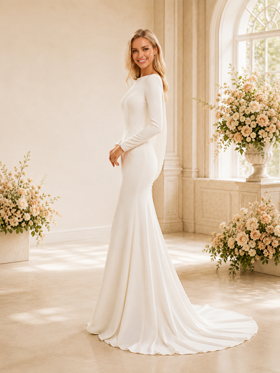 ChicSew Elegant Long Sleeves Mermaid Crepe Wedding Dresses With Cowl Back