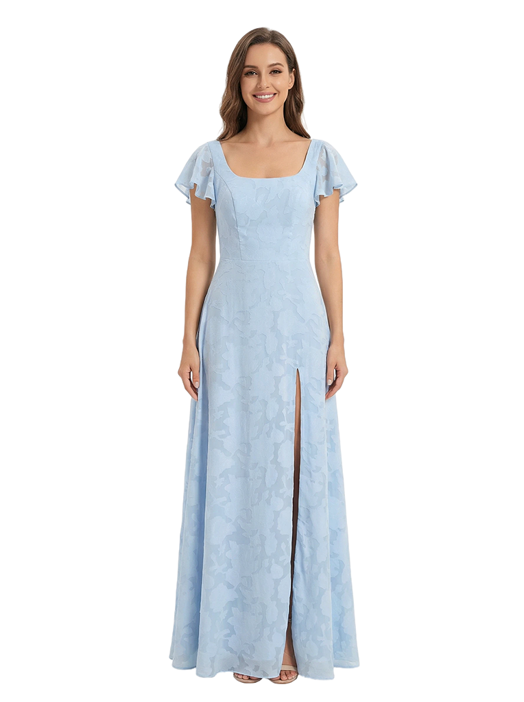 Elegant Flutter Sleeves Square Ruching Floral Burnout Chiffon A-line Formal Evening Dresses