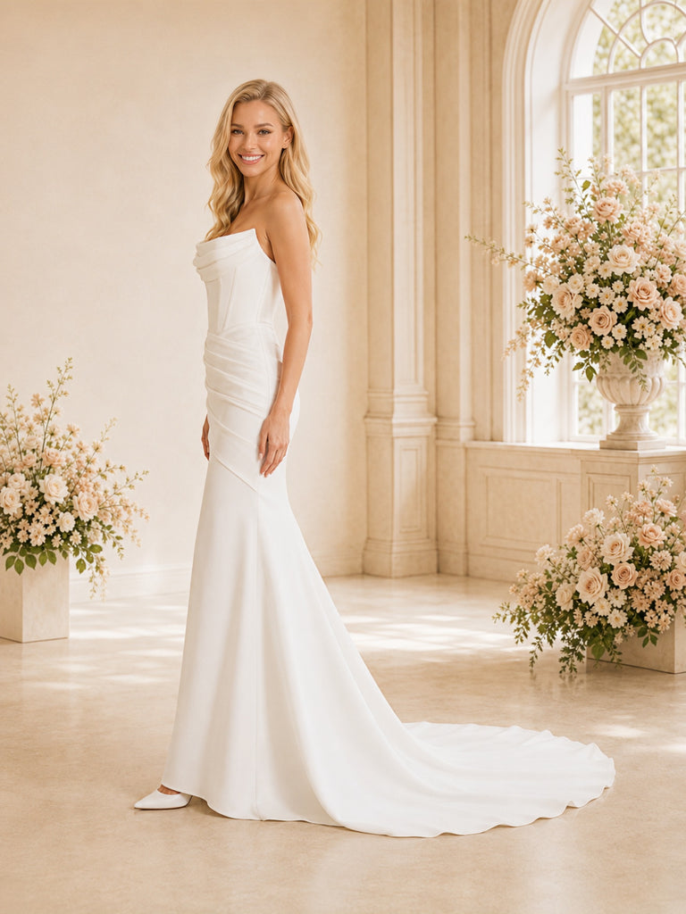 ChicSew Elegant Ruching Strapless Boning Satin Mermaid Wedding Dresses With Train