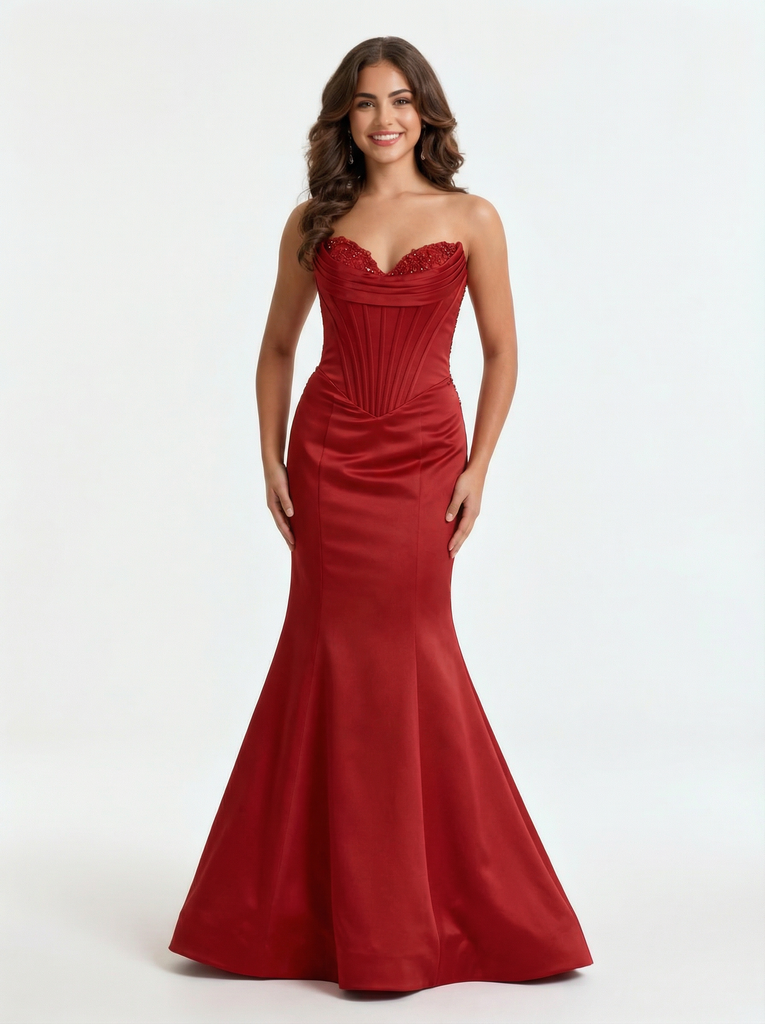 Sweet Satin Beaded Sweetheart Mermaid Long Party Prom Dresses