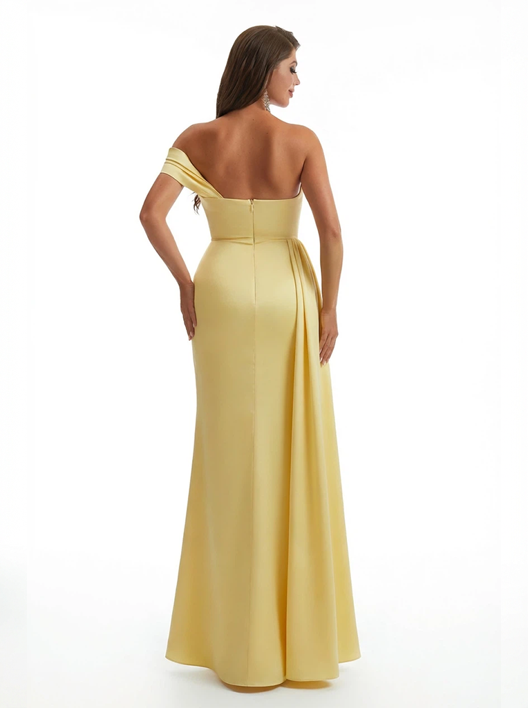 Modern One Shoulder Ruched Mermaid Silky Satin Maxi Formal Dresses Side Slit