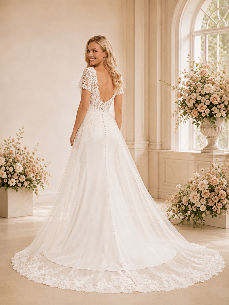 ChicSew Beautiful V-Neck Mermaid Short Sleeves Satin Long Wedding Dresses Online