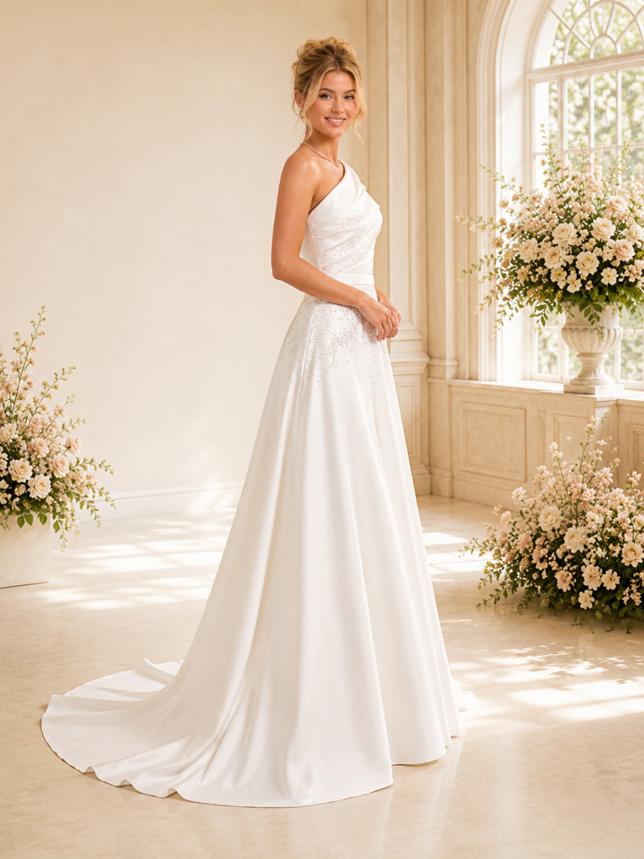 ChicSew Elegant Ruching Asymmetric Satin A-Line Wedding Dresses With Beading