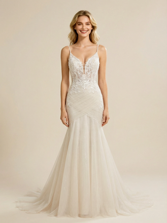 Mermaid V-neck Sleeveless Maxi Long Sequin and Lace Wedding Dresses Online