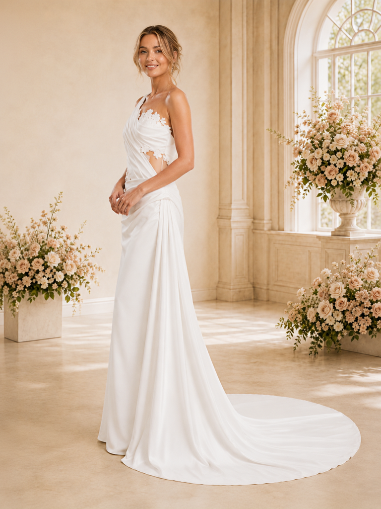 ChicSew Elegant Ruching One Shoulder Mermaid Wedding Dress With Lace Appliques