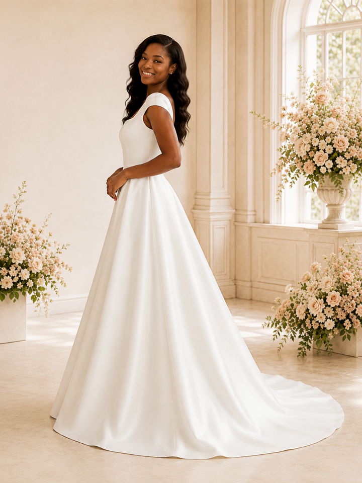 ChicSew Fancy Square Neck A-Line Satin Maxi Wedding Dress With Button