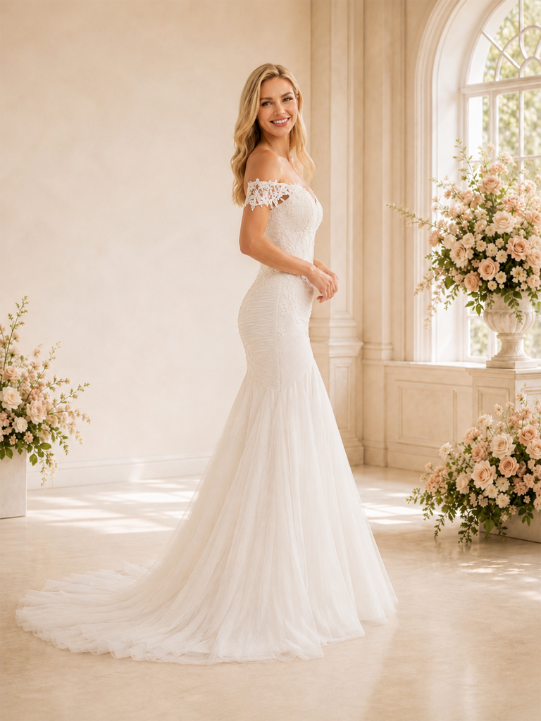 ChicSew Delicate Off The Shoulder Mermaid Lace Tulle Maxi Wedding Dresses With Pleats