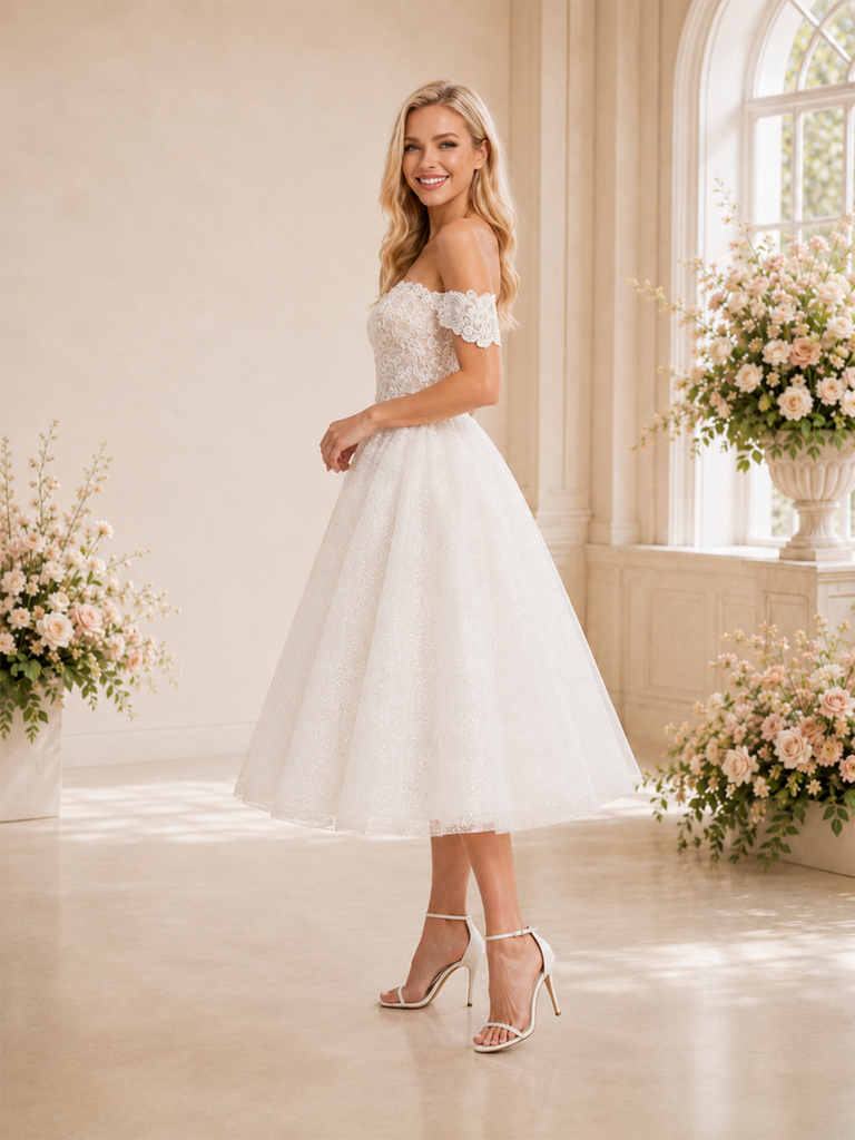 ChicSew Elegant Off The Shoulder A-Line Midi Lace Tulle Wedding Dresses