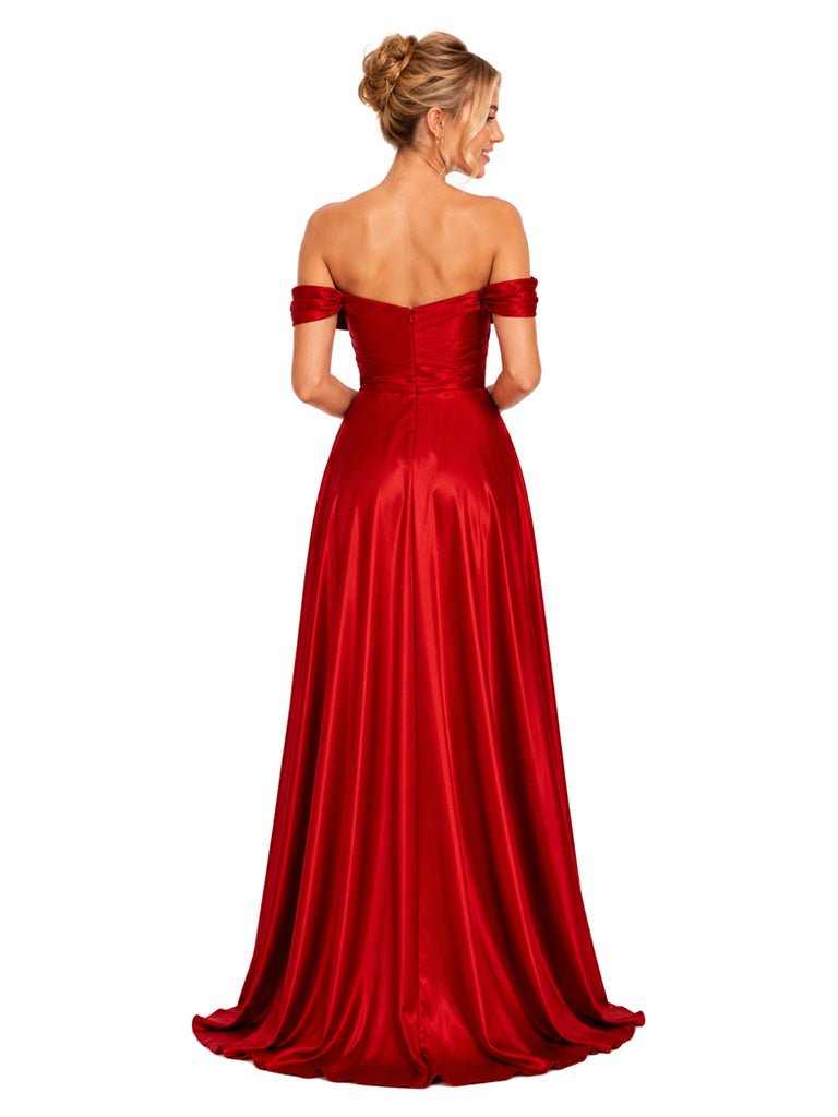 ChicSew Classy Off-The-Shoulder A-Line Soft Satin Bridal Party Maxi Ruched Side Slit Formal Bridesmaid Dresses