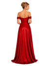 ChicSew Classy Off-The-Shoulder A-Line Soft Satin Bridal Party Maxi Ruched Side Slit Formal Bridesmaid Dresses