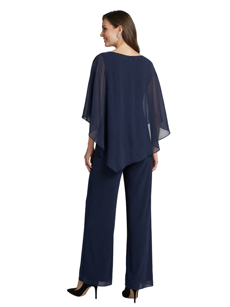 Modern Beaded Half Sleeves Asymmetric Chiffon Pantsuits For Mother Of The Bride