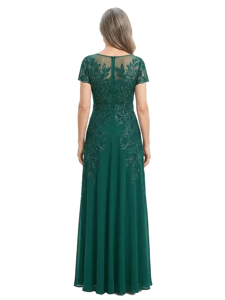 ChicSew Modern Beaded Lace Applique Mother Of The Bride Gown With Illusion Neckline Short Sleeves