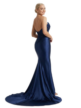 Modern Strapless Satin Prom Dress Side Slit Corset Mermaid Floor Length Prom Gown