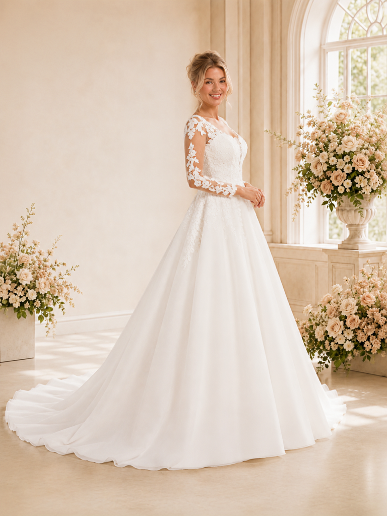 ChicSew Elegant Long Sleeves Lace Applique Chiffon A-Line Maxi Wedding Dress