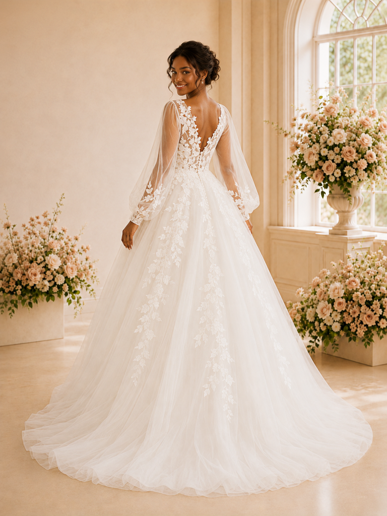 ChicSew Elegant A-Line V-Neck Long Sleeves Tulle Maxi Wedding Dress With Lace Appliques