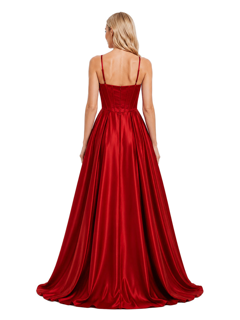 ChicSew Fancy Spaghetti Straps A-Line Satin Bridal Party Dress Boned Elegant Floor-Length Bridesmaid Gown