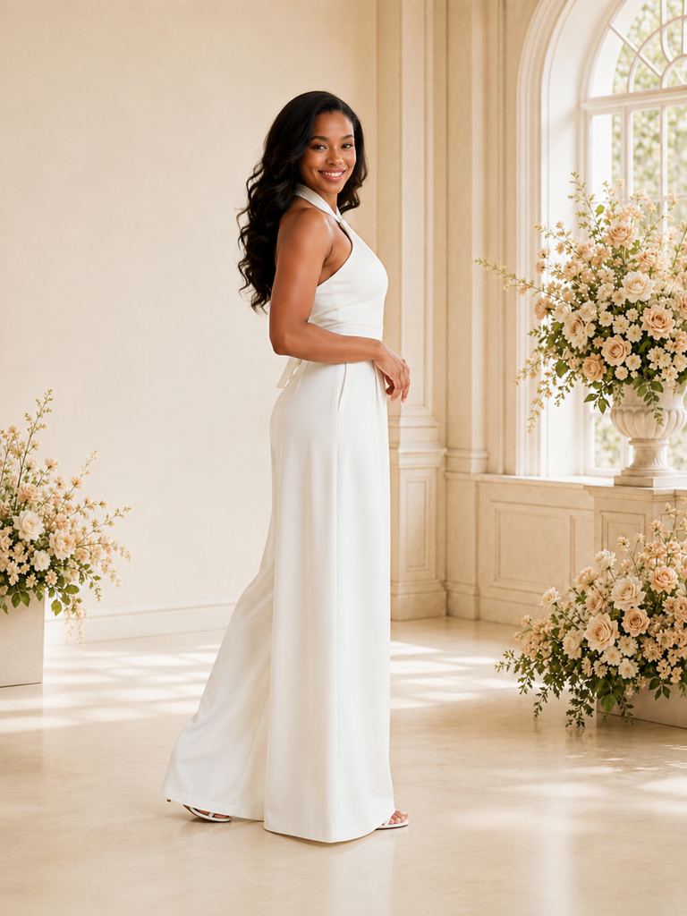 ChicSew Modern Simple Halter Straps Chiffon Floor-Length Wedding Jumpsuit
